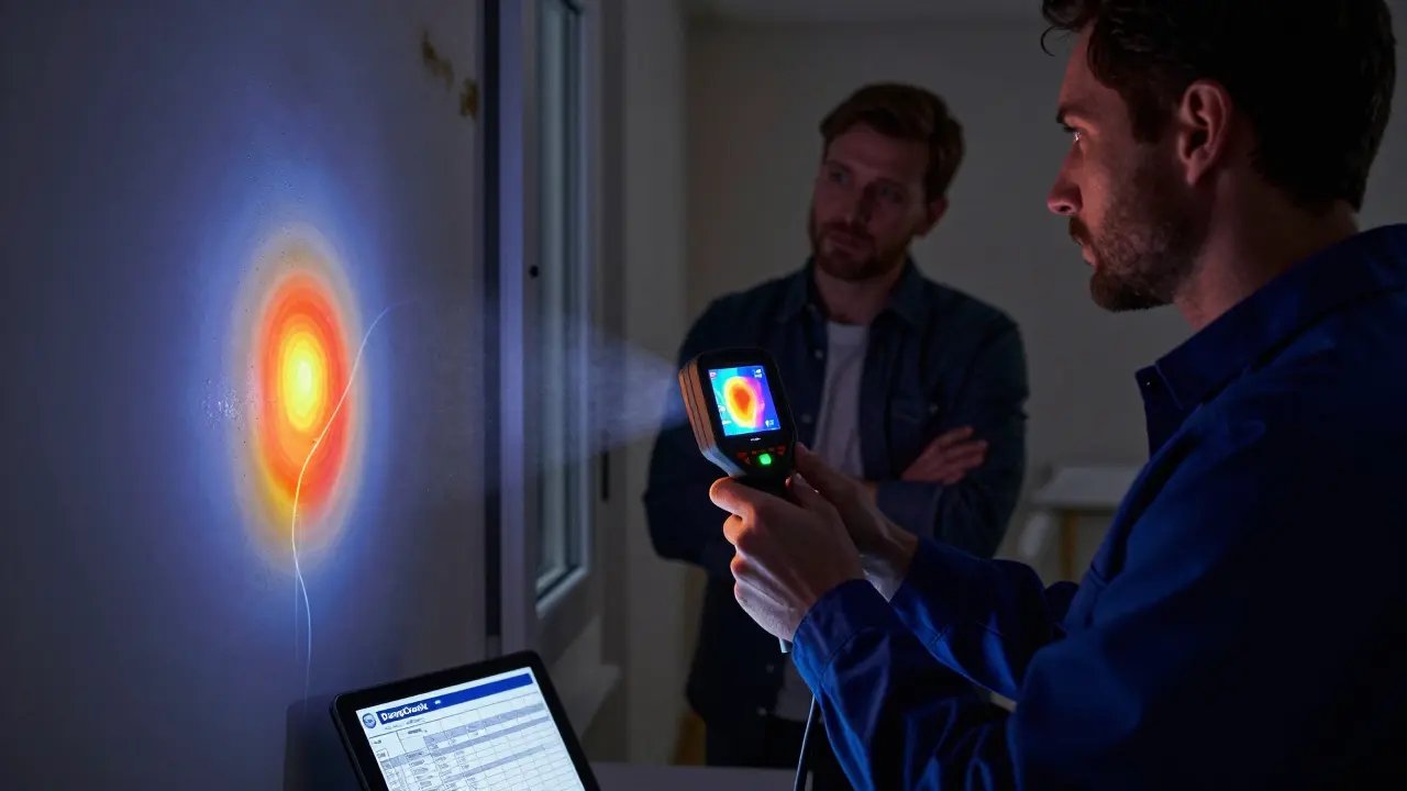 Ein Techniker misst mit einer Wärmebildkamera Feuchtigkeit an einer Innenwand.