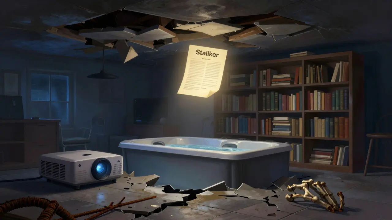 Einbrechende Kellerdecke unter modernen Lasten, während ein Statikgutachten sicher über ihr schwebt.