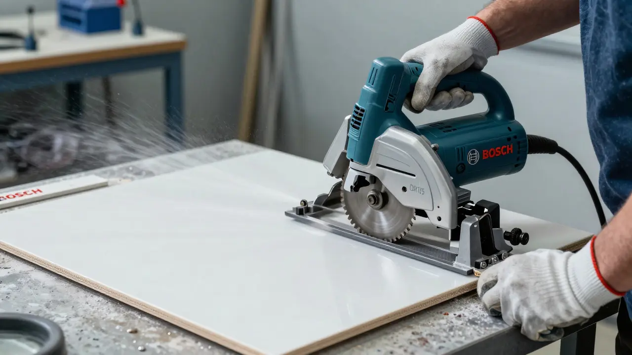 Eine elektrische Nassschneidemaschine schneidet eine große Feinsteinzeugfliese mit Wassernebel und Diamantscheibe.