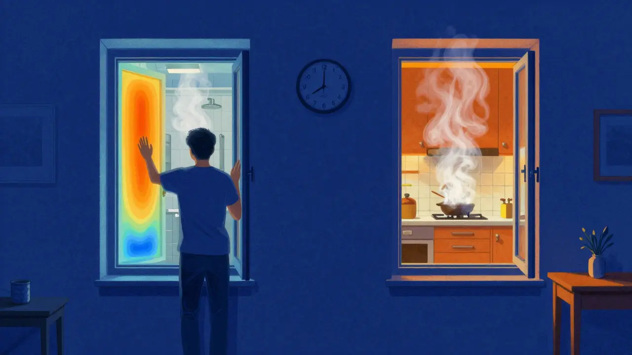 Eine Person lüftet stoßweise in einer deutschen Wohnung, Dampf strömt aus dem Bad, Wärmebild zeigt Luftaustausch, Möbel stehen frei vor der Heizung.