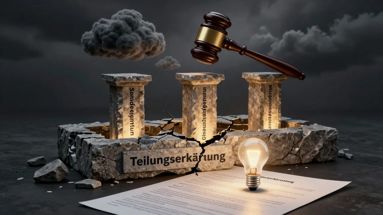 Eine zerfallene Teilungserklärung mit drei leuchtenden Grundpfeilern: Sondereigentum, Gemeinschaftseigentum, Miteigentumsanteile.