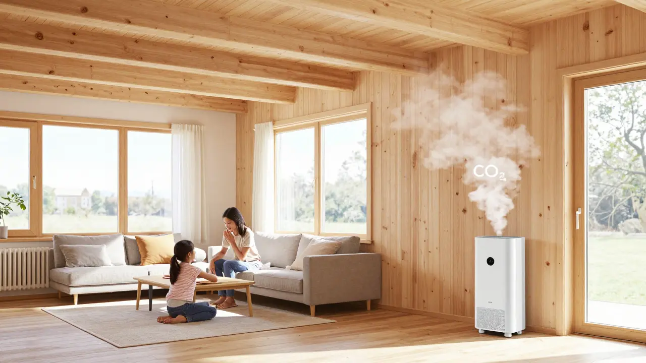 Familie in einem hellen Holzhaus mit natürlichem Licht und geringem Energieverbrauch, symbolisch für nachhaltiges Wohnen.