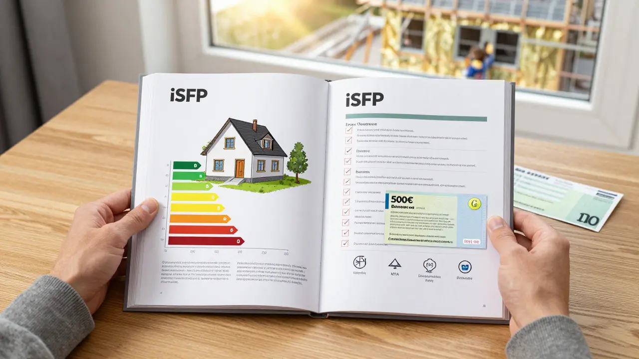 Hausbesitzer hält offiziellen Sanierungsfahrplan mit Förderhinweisen und 500€-Bonuscheck auf dem Tisch.