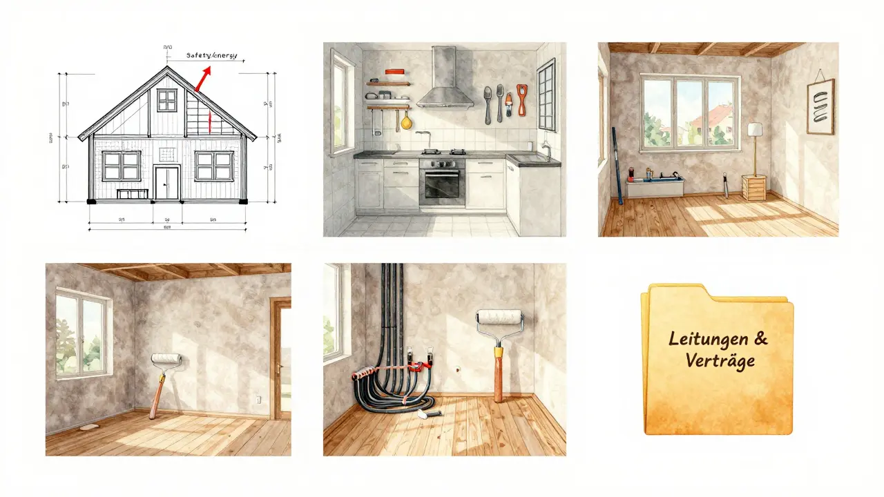 Illustration einer Hausrenovierung in fünf Phasen mit Blaupausen, Werkzeugen und Dokumenten.