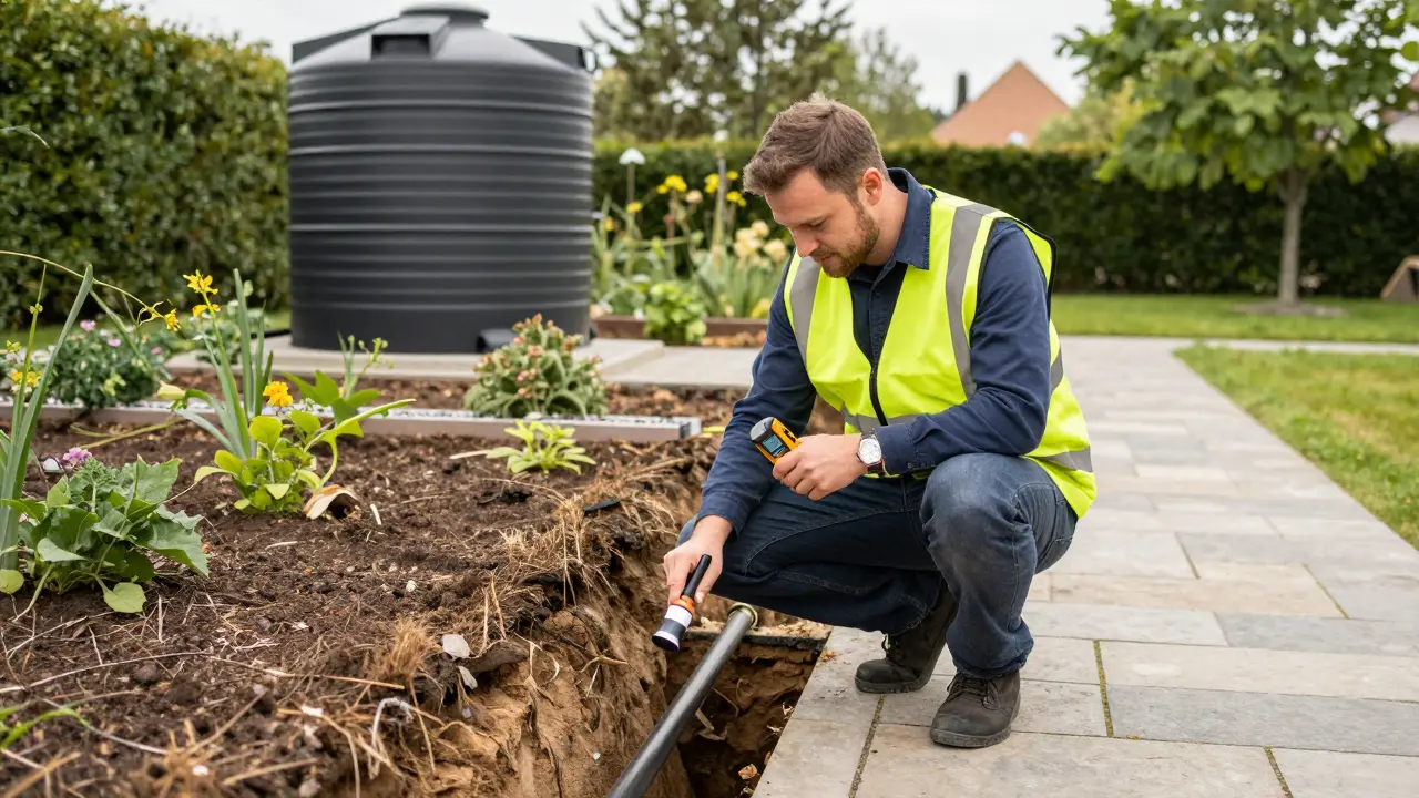 Immobilien-Sachverständiger prüft eine Regenwasser-Entwässerungsanlage im Garten.