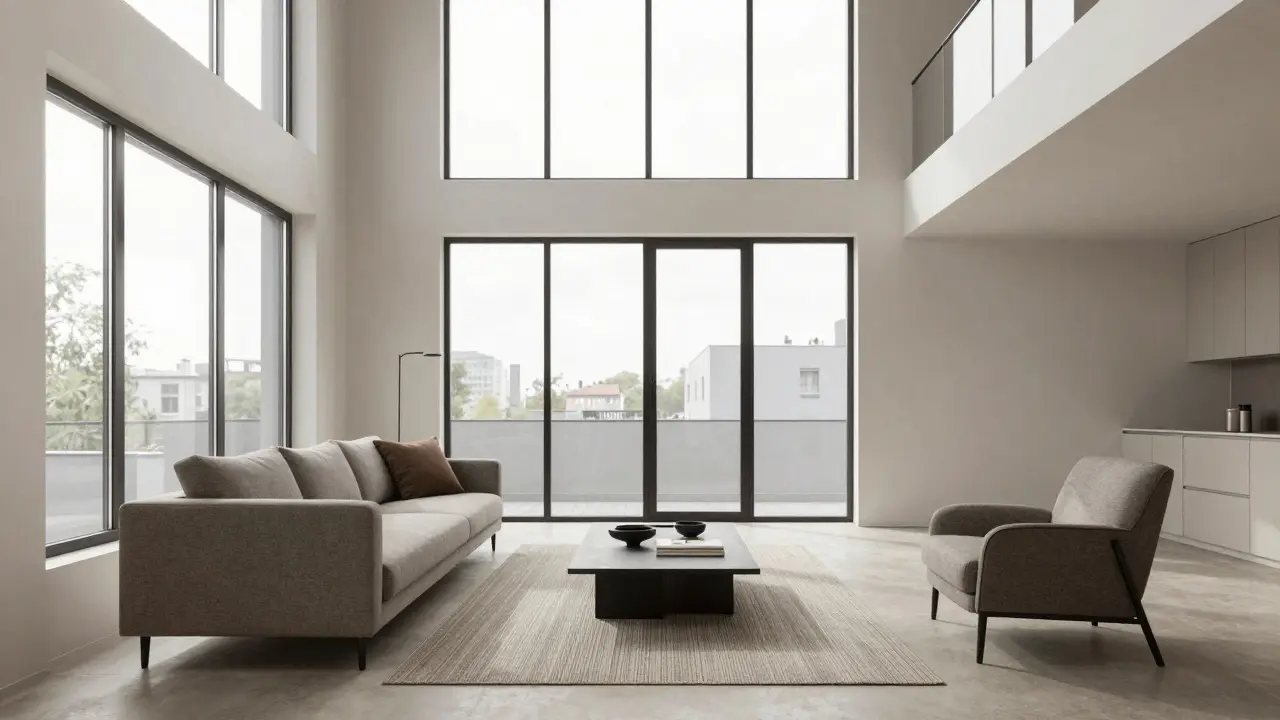 Kleiner Teppich nur unter dem Couchtisch, Sofa daneben, Raum wirkt offen und luftig.