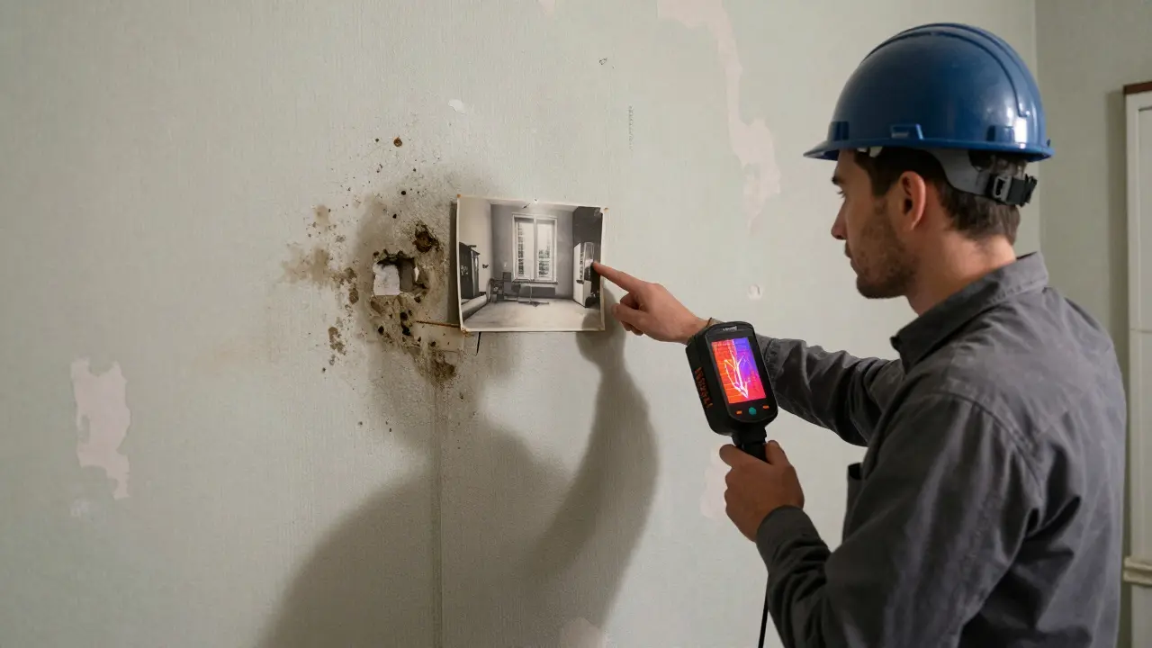 Mieter zeigt einem Gutachter Schimmel in einem Altbau, während dieser eine Wärmebildkamera verwendet.