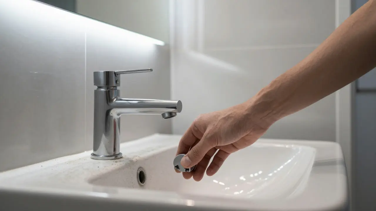 Modernes Armaturenset auf altem Waschbecken, dahinter eine transparente Vision des renovierten Bads.