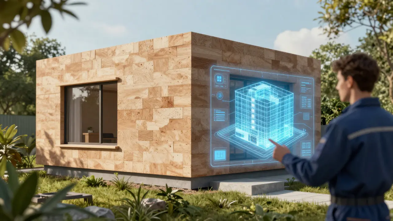 Nachhaltiges Gebäude mit Lehmbauplatten und digitalen Planungstools.