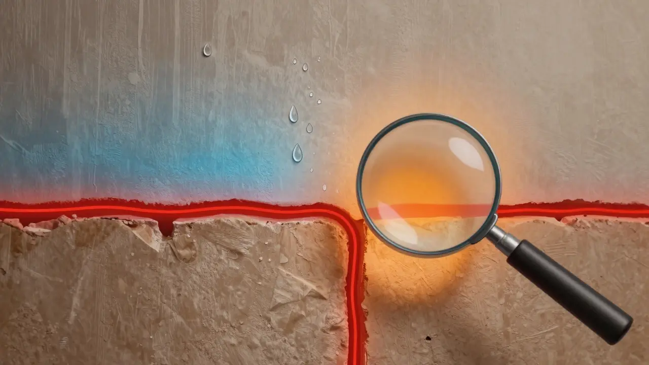 Querschnitt einer Wand mit unsichtbarem Luftspalt, der Kondenswasser und Schimmel verursacht.