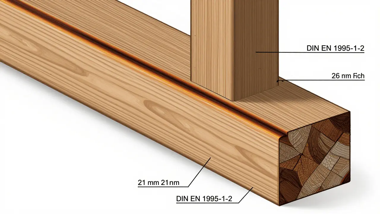 Querschnitt eines Holzbalkens mit verkohlter Schicht nach Brandbelastung, nach DIN EN 1995-1-2 standardisiert.