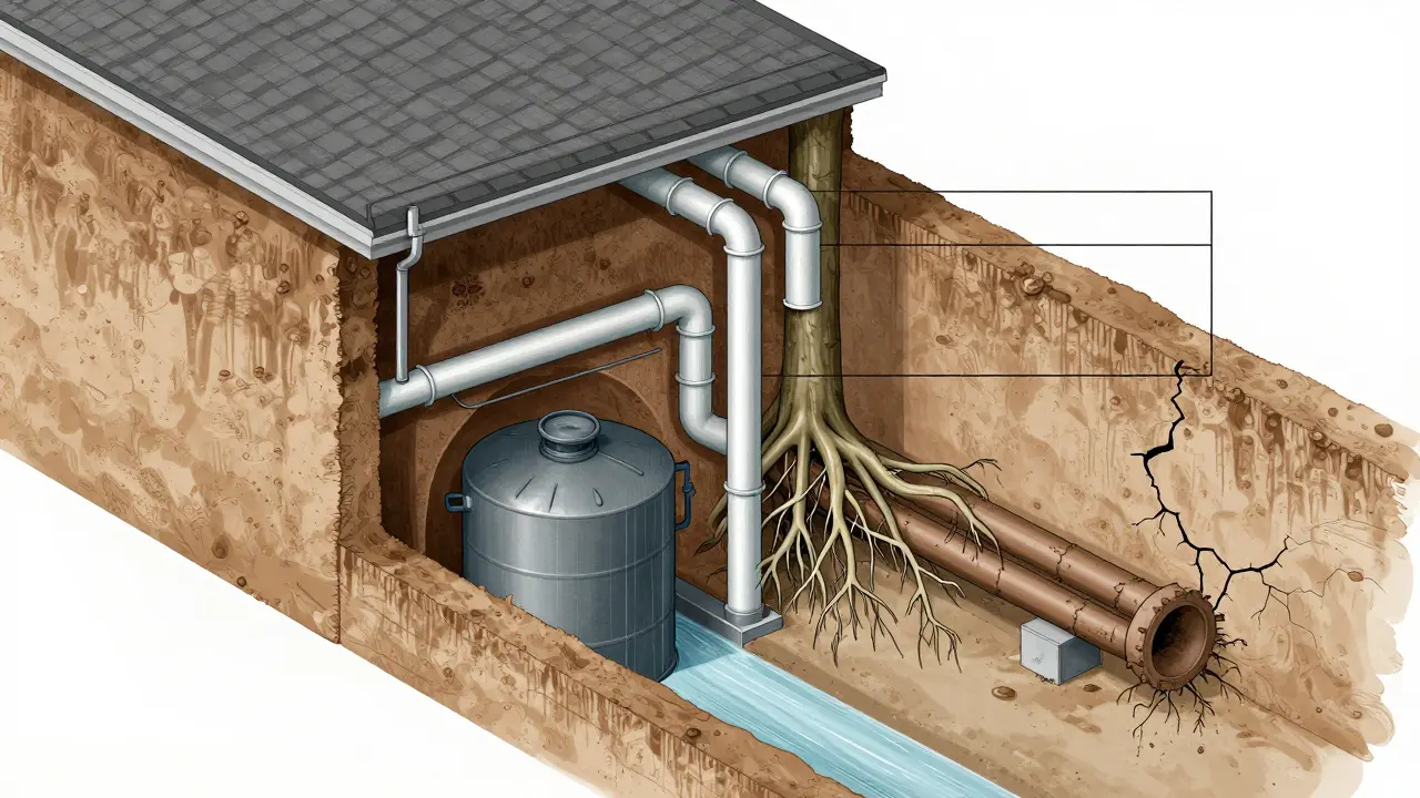 Schnittansicht einer funktionierenden und defekten Entwässerungsanlage mit Rohren und Wurzeln.