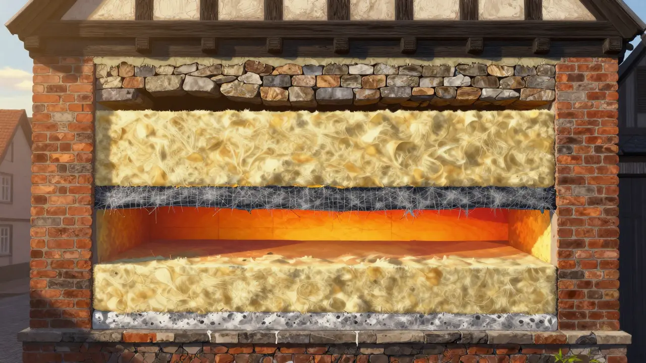 Schnittansicht eines WDVS-Systems mit fünf Schichten: Mauerwerk, Dämmung, Gewebe und Putz, mit Wärmebild-Effekt zur Veranschaulichung der Isolierung.