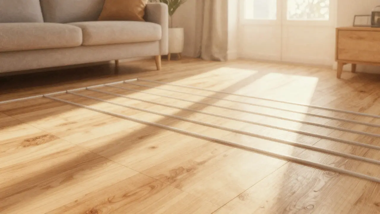 Sonniges Wohnzimmer mit Fußbodenheizung und gleichmäßiger Wärmeverteilung.