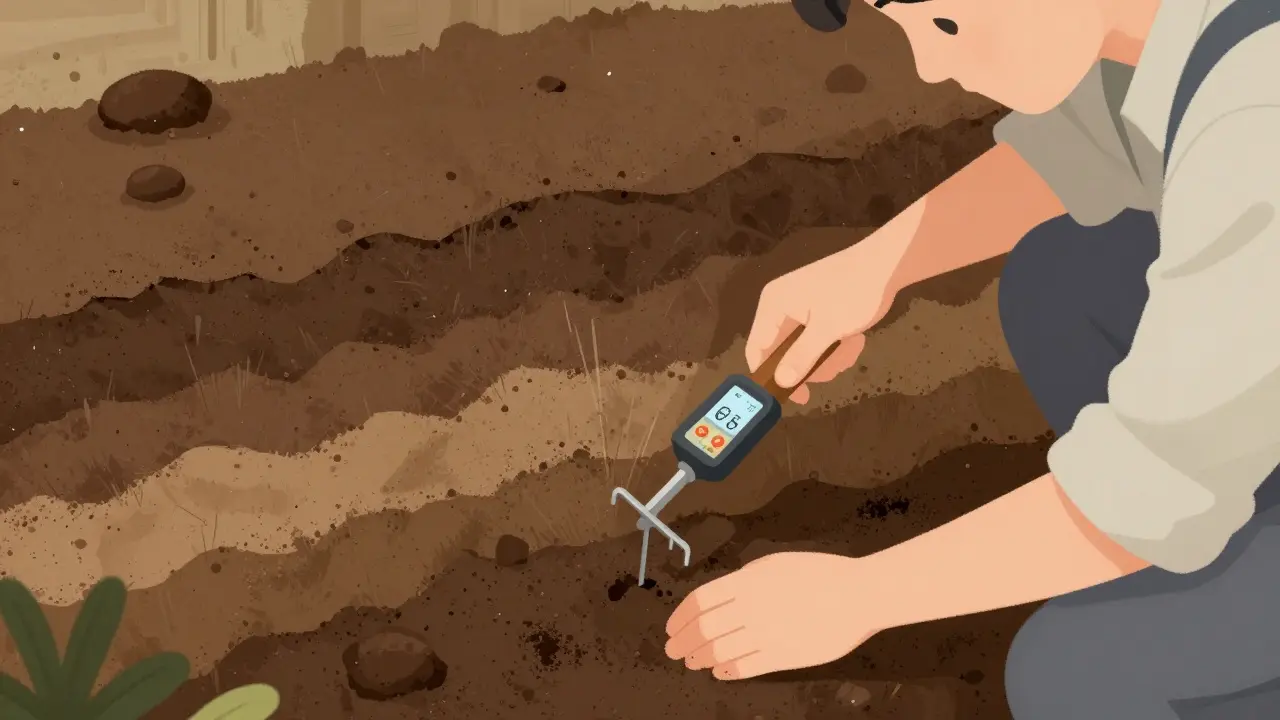 Techniker misst Bodenfeuchtigkeit für Wassereinwirkungsklasse