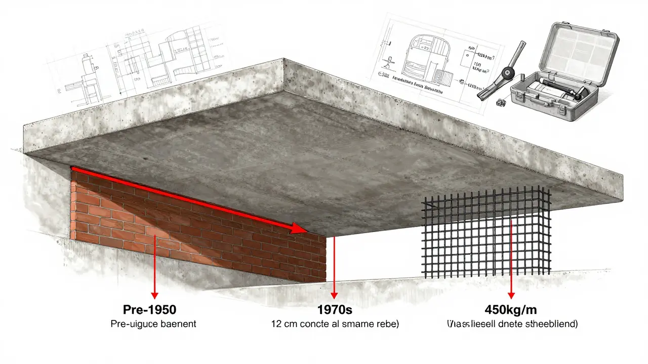 Technische Zeichnung vergleichender Deckenkonstruktionen aus drei Baujahrzehnten mit Lastangaben.