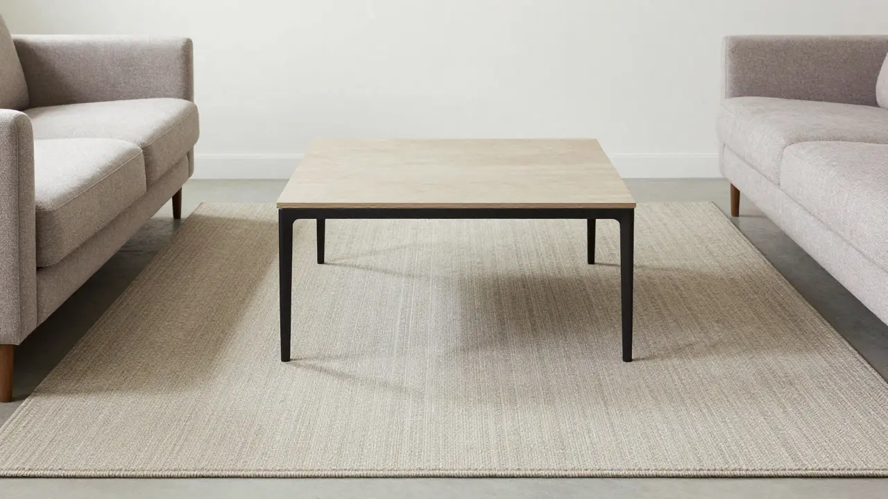 Teppich nur unter den Vorderbeinen des Sofas und des Couchtisches, Hinterbeine frei.