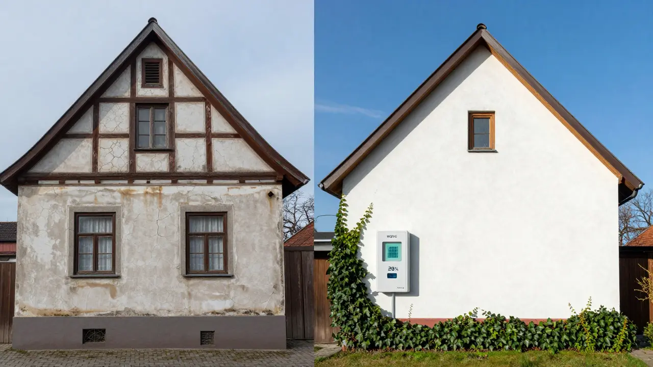 Vergleich zweier Fassaden: links mit Schimmel und Schäden, rechts mit modernem WDVS und geringem Energieverbrauch.