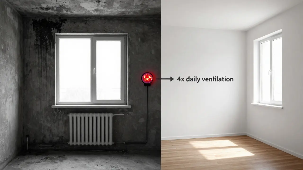 Vergleich zweier Wände: linke Seite mit Schimmel und geschlossenen Fenstern, rechte Seite trocken mit geöffneten Fenstern und Hygrometer, der den Luftaustausch symbolisiert.