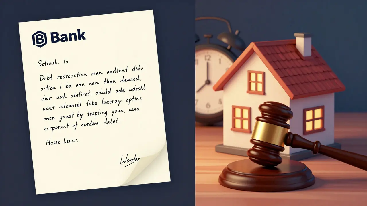 Zwei Szenen: Eine Schuldnerberatung auf der linken Seite, eine Zwangsversteigerung auf der rechten, mit einer Uhr, die die Frist anzeigt.