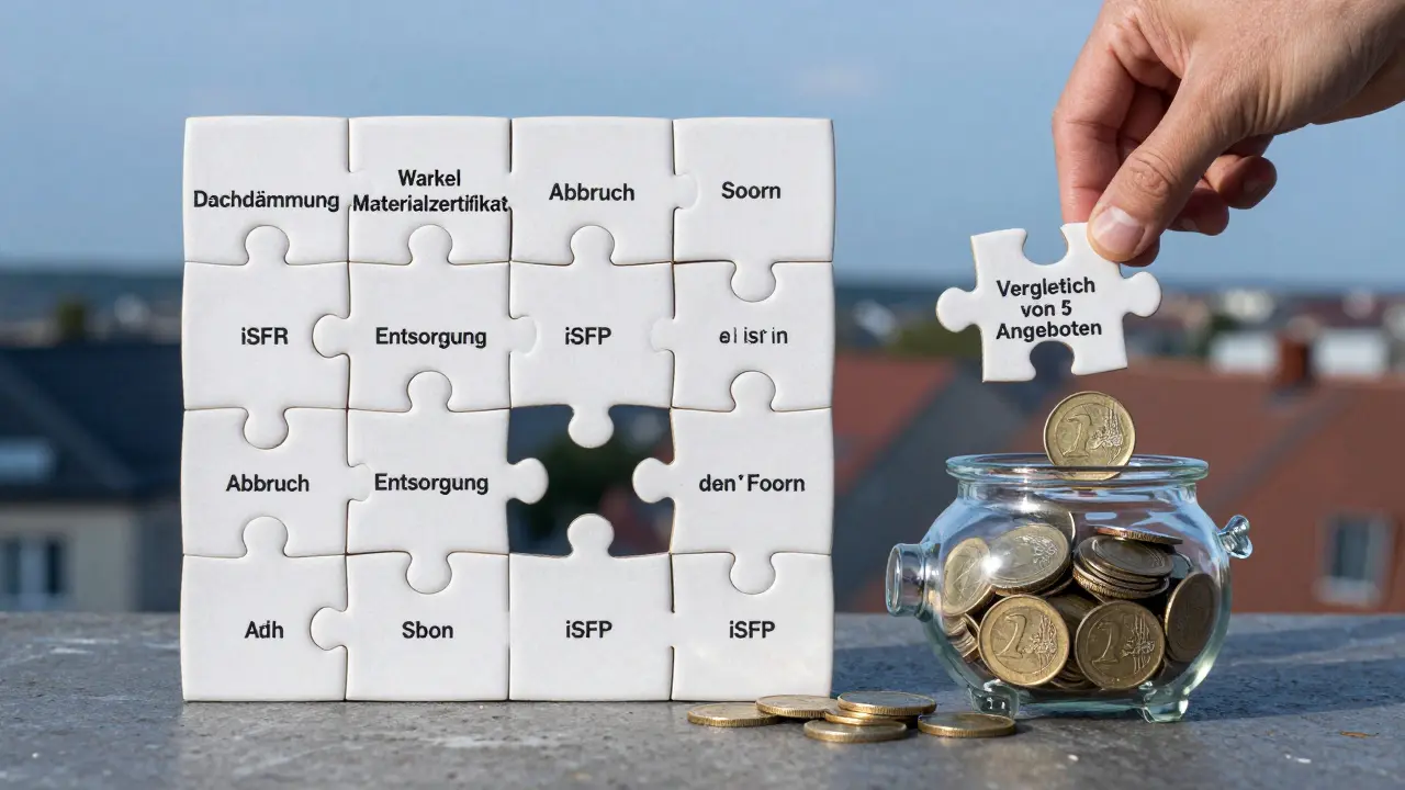 15-Puzzle mit Sanierungsleistungen, das durch Vergleich von fünf Angeboten vollständig wird und Einsparungen freisetzt.