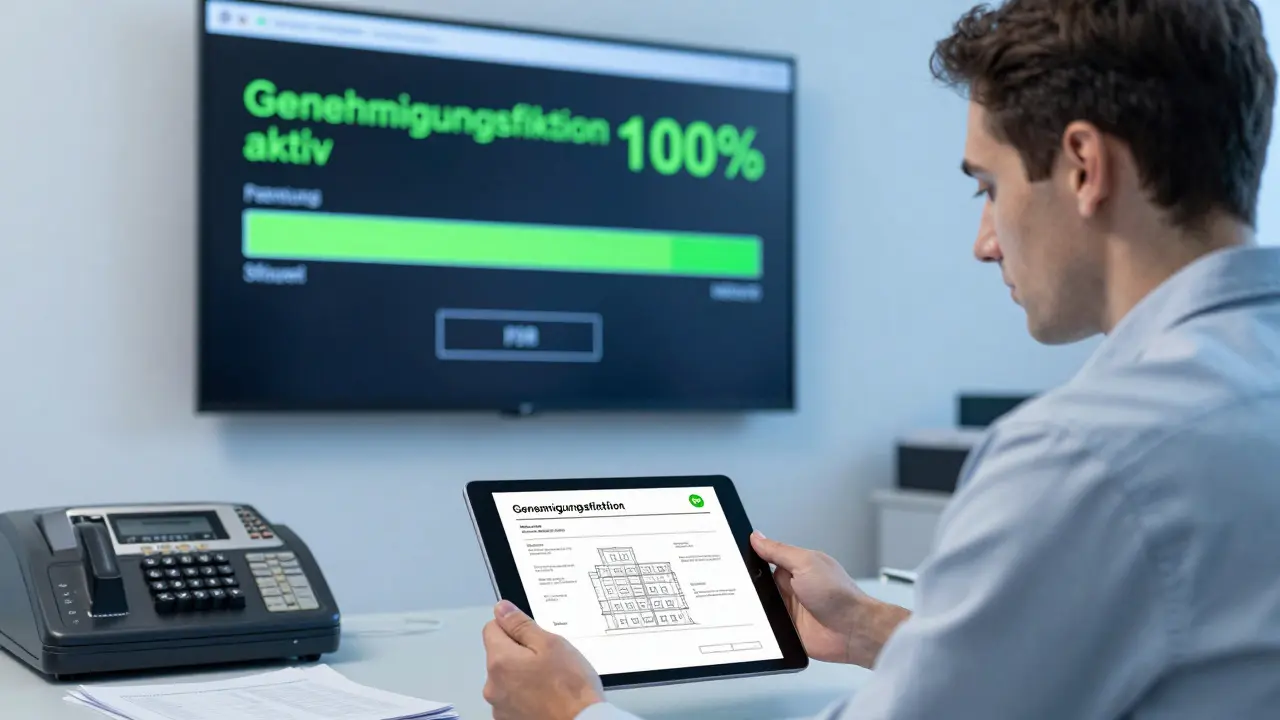 Architekt reicht digitalen Bauantrag in einem modernen Rathaus mit Fortschrittsanzeige 'Genehmigungsfiktion aktiv'.