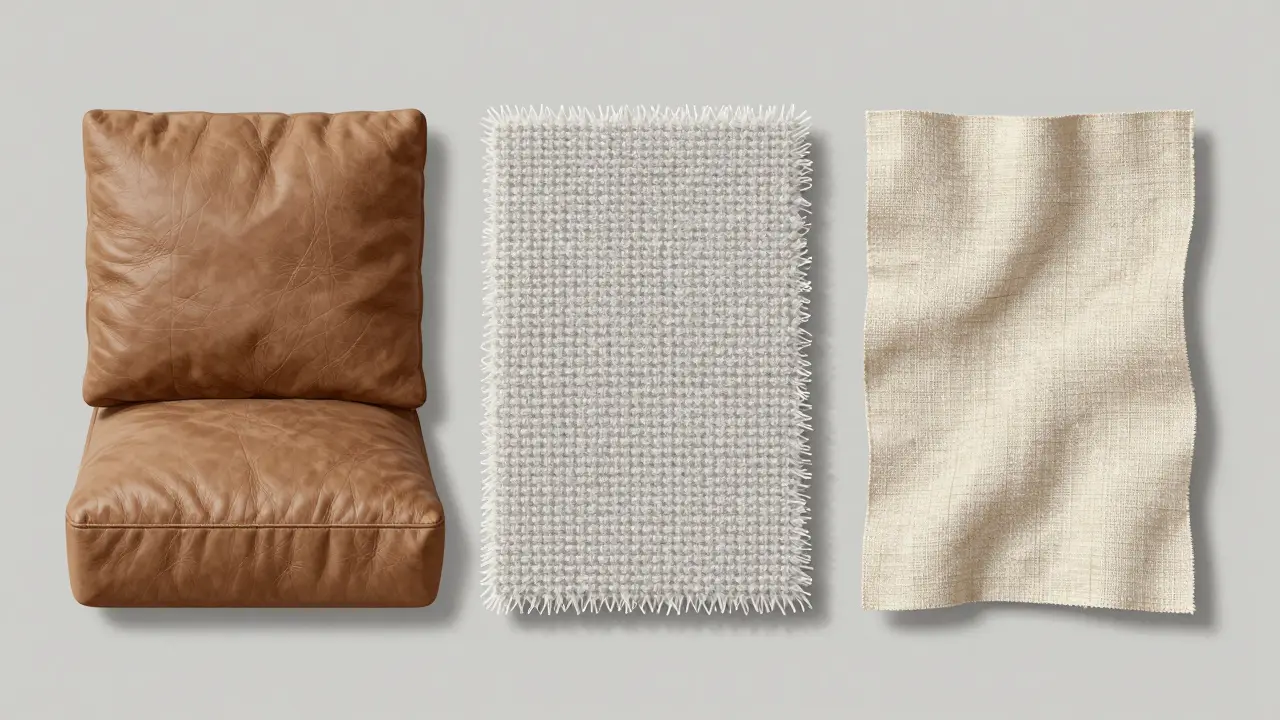 Detailansicht dreier Sofa-Materialien: Semianilin-Leder, Mikrofaser und Leinen, mit texturierter Darstellung zur Vergleichbarkeit.