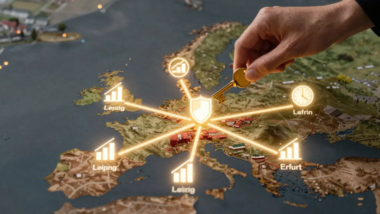 Deutschlandkarte mit leuchtenden Verbindungen zwischen den Top-7-Städten und attraktiveren Alternativen außerhalb, Symbol für Investitionsstrategien.