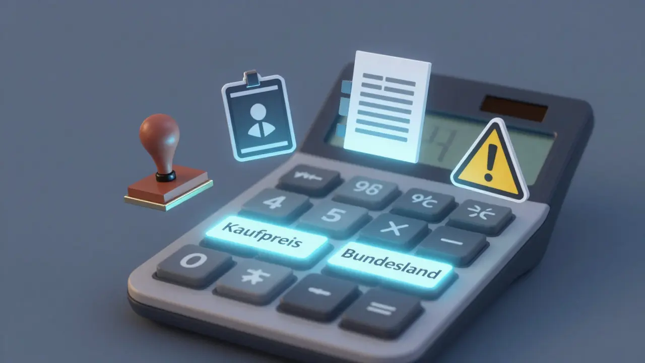 Digitaler Rechner mit Symbolen für versteckte Kosten bei Immobilienkauf, Hintergrund in Blautönen.