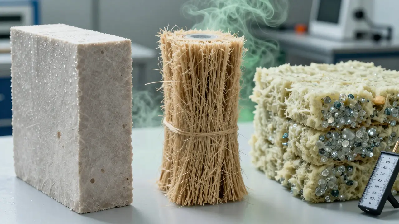 Drei Dämmstoffe nebeneinander: XPS mit Wassertröpfchen, Hanf mit CO₂-Halo und Mineralwolle mit recycelten Partikeln, in technischem Umfeld.