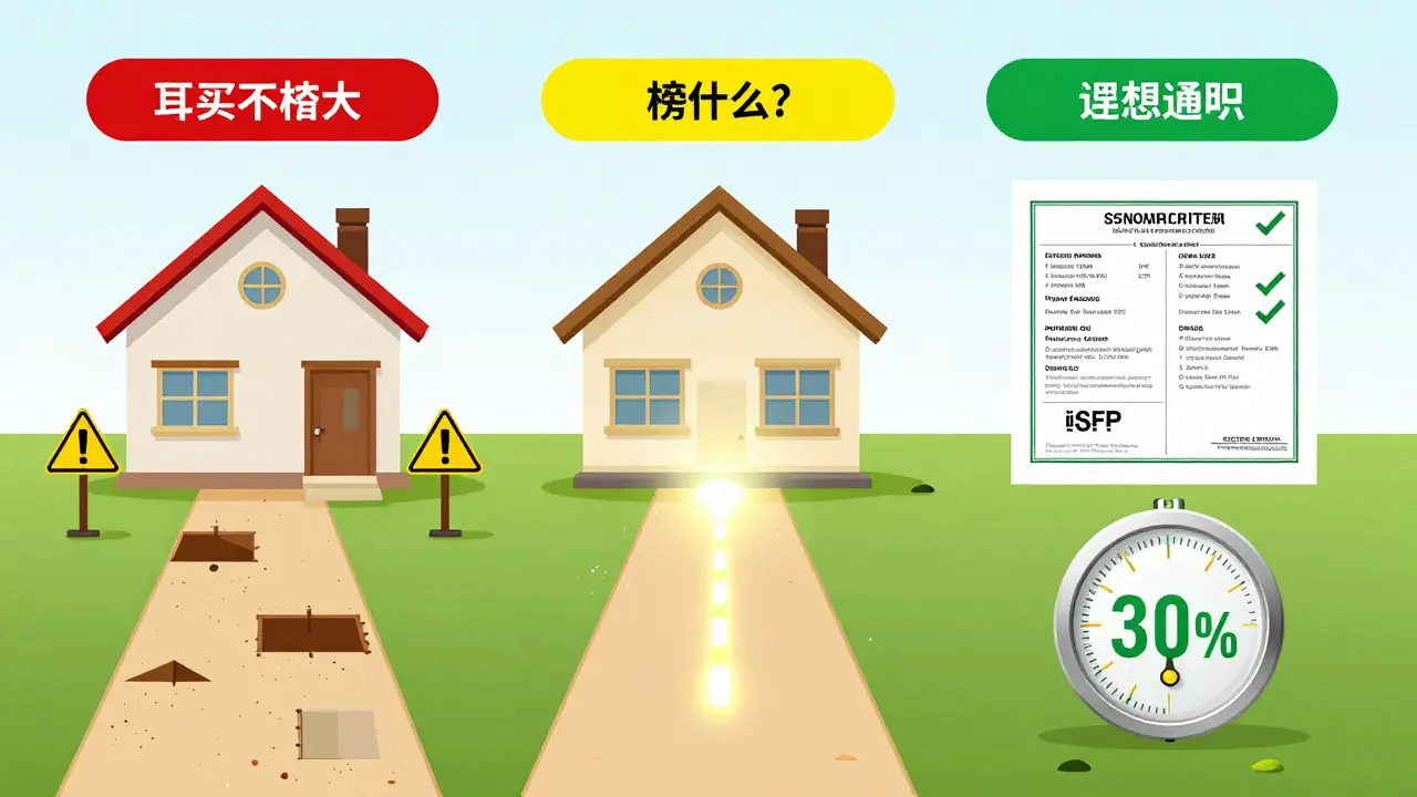 Drei Wege einer Dachsanierung: unsicher, riskant und transparent – mit Warnzeichen und Förderungssymbolen.