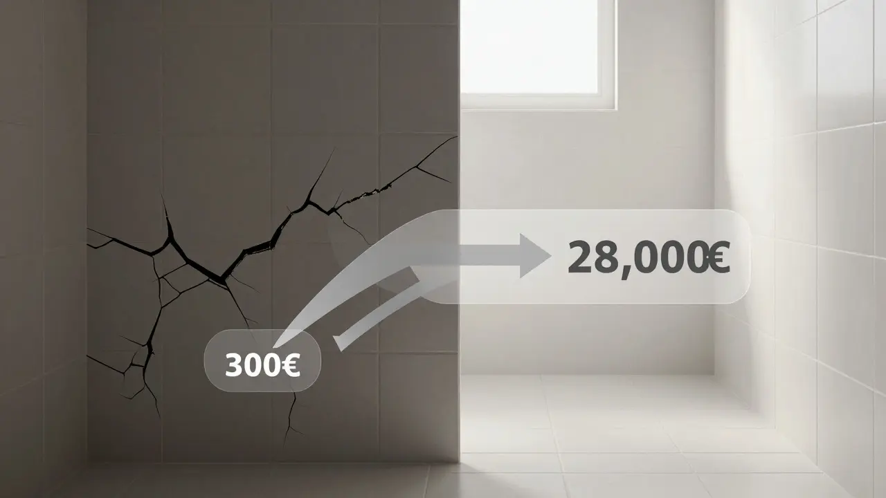 Ein Bad in zwei Zuständen: links alt und beschädigt, rechts neu und strahlend, mit Kostenpfeilen zwischen den Seiten.