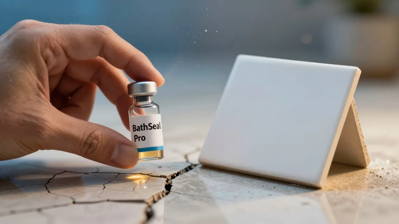 Eine Hand hält eine Flasche mit neuem Fliesenlack neben einer alten und einer neuen Fliese, Lichtspiel aus Feuchtigkeit und Innovation.