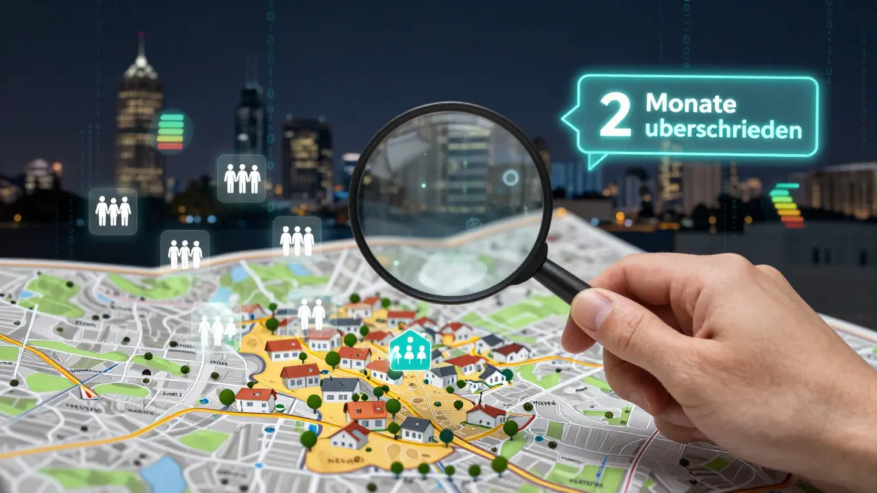 Eine Hand mit Lupe, die eine Stadtmappe untersucht, während leere Wohnungen und digitale Warnsignale sichtbar werden, im Hintergrund digitale Codes und Energiezeichen.