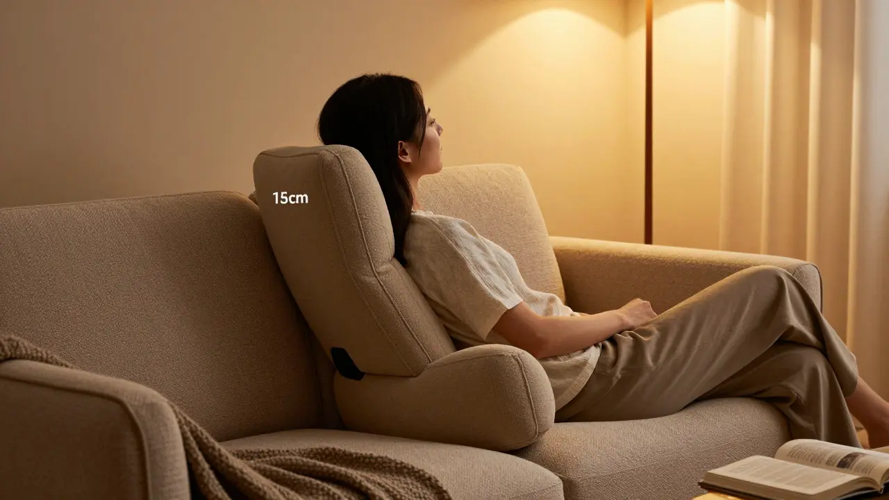 Eine Person entspannt auf einem ergonomischen Sofa mit idealer Rückenlehnenhöhe und Armlehnen bei warmem Abendlicht.