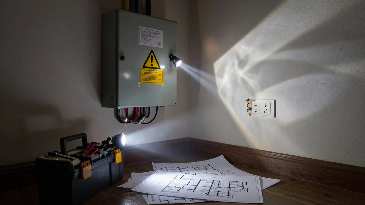 Elektrische Anlage mit funkenfliegenden Kabeln und einem Warnschild, beleuchtet von einer Taschenlampe in einem dunklen Hausflur.