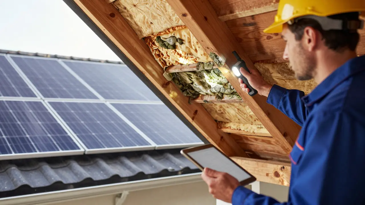 Hausbesitzer inspectiert Schimmel im Dachstuhl, während ein Dachdecker mit Messgerät die Feuchtigkeit prüft, nebenan neue Solaranlage.