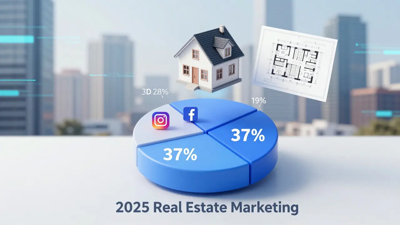 Hausförmige Aufteilung eines Marketingbudgets mit Symbolen für Social Ads, 3D-Touren und Grundrisse.