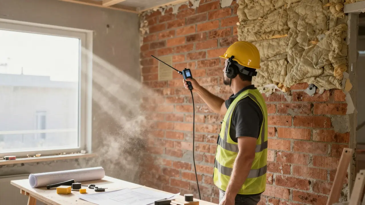 Ingenieur prüft Baustelle für Lärmmessung während Sanierungsarbeiten