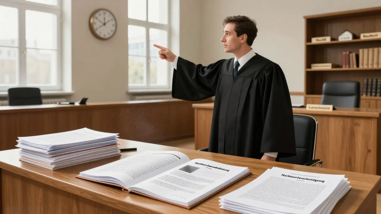 Juristische Szene mit einem Bauherrn vor Dokumenten, ein fehlender Rückschein liegt offen auf dem Tisch, während ein Uhrzeiger die Frist anzeigen zeigt.