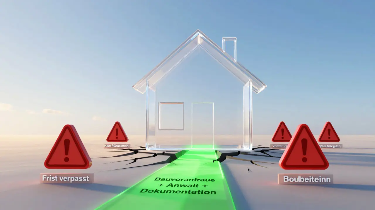 Konzeptuelles Bild eines halbfertigen Hauses mit roten Warnsymbolen, während ein sicheres, grünes Verfahrensweg zur fertigen Bauweise führt.