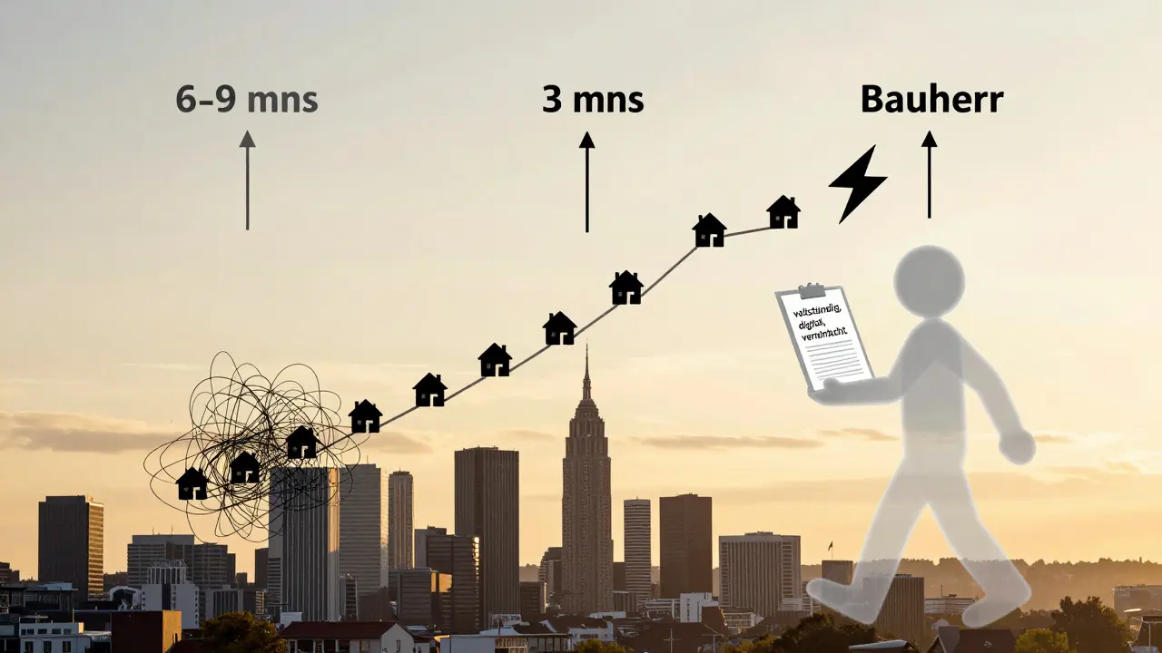 Künstlerische Darstellung dreier Baugenehmigungszeittaktiken mit Lichtblitz für das schnellste Verfahren.