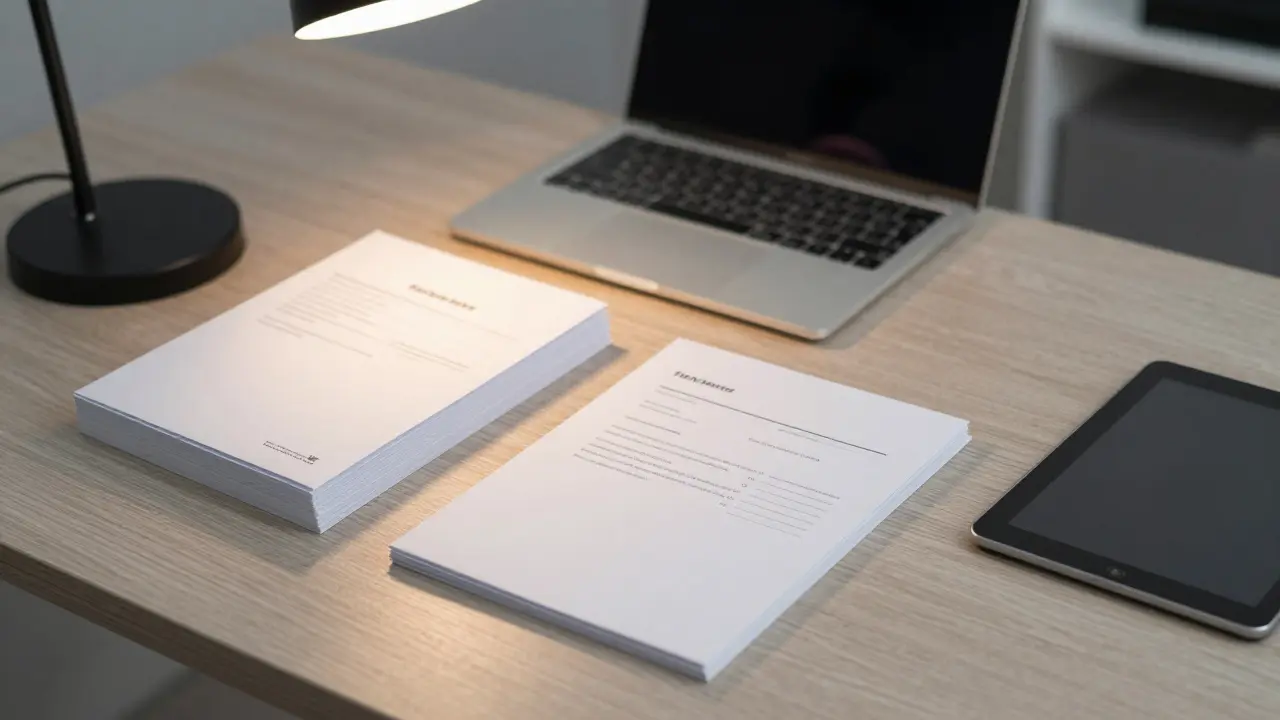 Makler prüft eingegangene Angebote auf einem ordentlichen Büro-Schreibtisch.