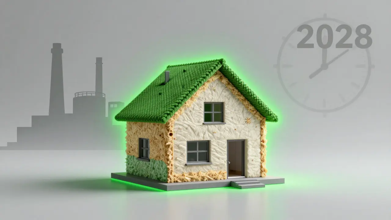 Modernes Haus mit grünem CO₂-Halo, natürliche Dämmung in den Wänden, im Hintergrund schließt sich eine Polystyrol-Fabrik.