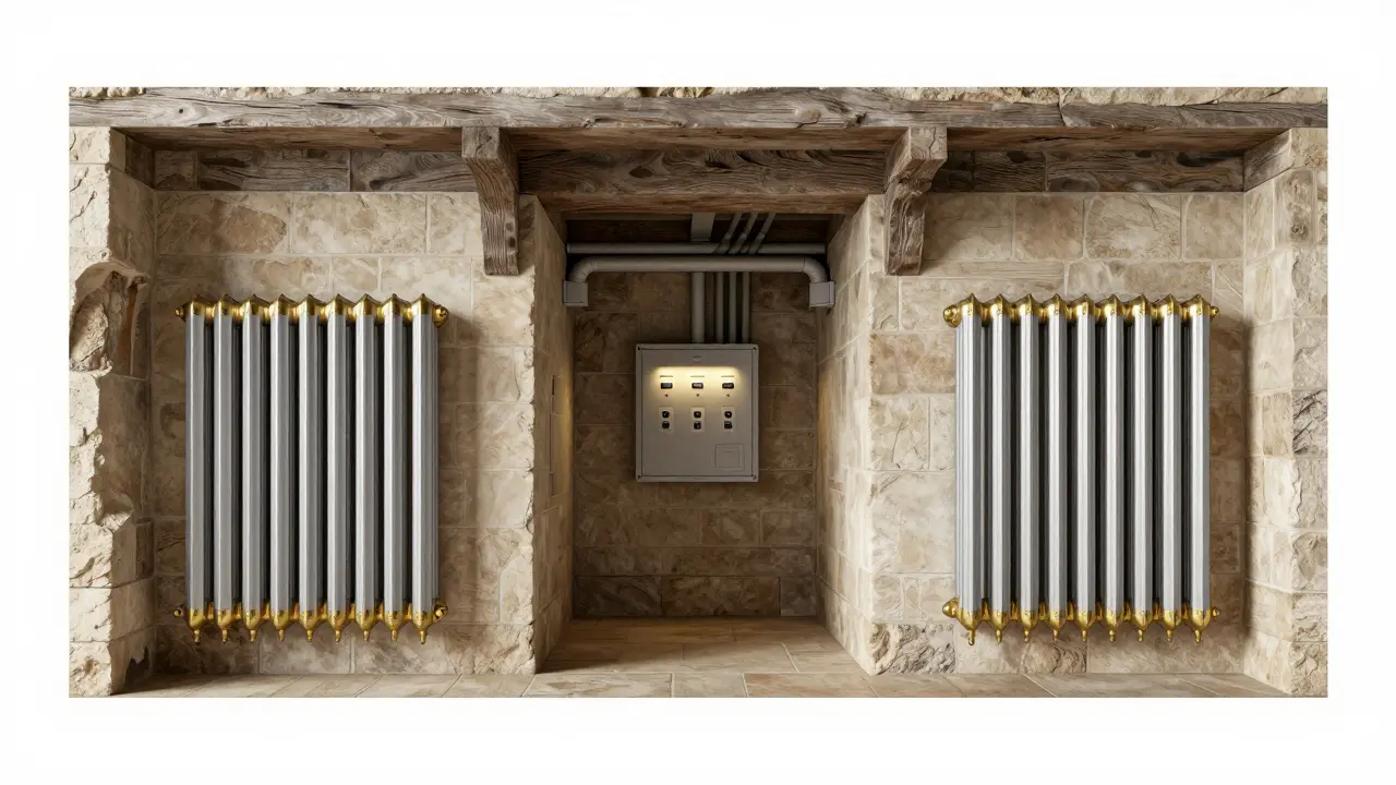 Modernisierte Heizkörper in historischem Design, verborgene Leitungen in alten Wand- und Bodenkonstruktionen.