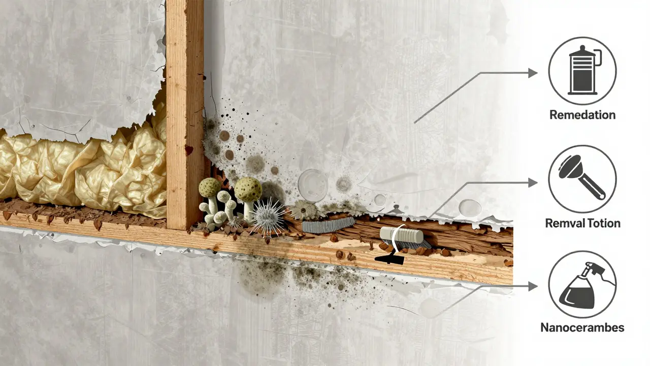 Querschnitt einer schimmelgeschädigten Wand mit beschädigter Dämmung und Holzträgern, dargestellt als technische Zeichnung.