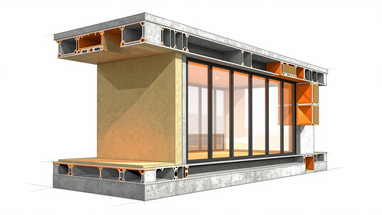 Querschnitt einer Wand mit Schichtungen zur Schalldämmung ohne Texte