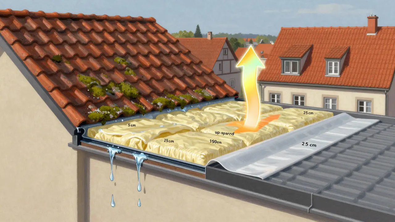 Querschnitt eines Daches: links veraltete Dämmung mit Feuchtigkeit, rechts moderne Aufsparrendämmung mit Dampfsperre und Lüftung.