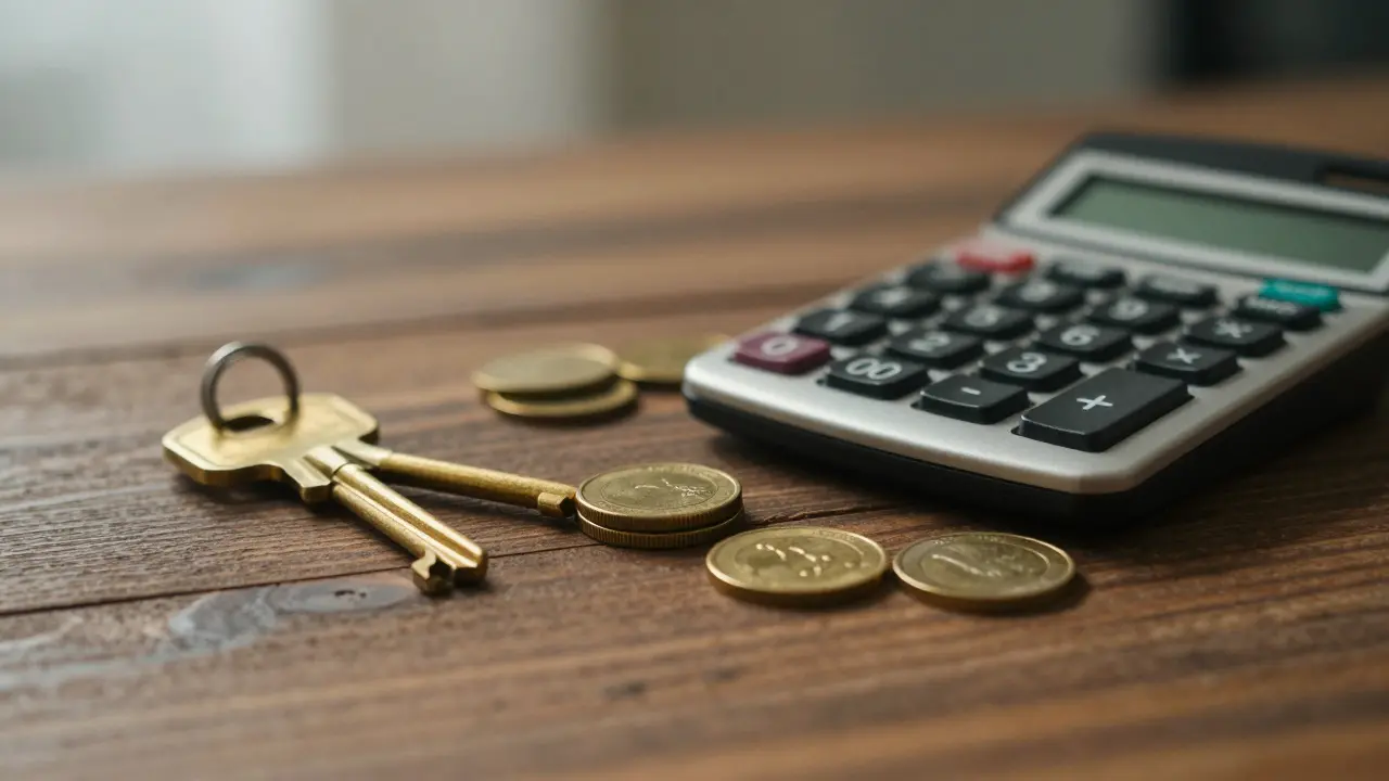 Symbolik für Rendite mit Schlüssel, Münzen und Planen ohne Text.