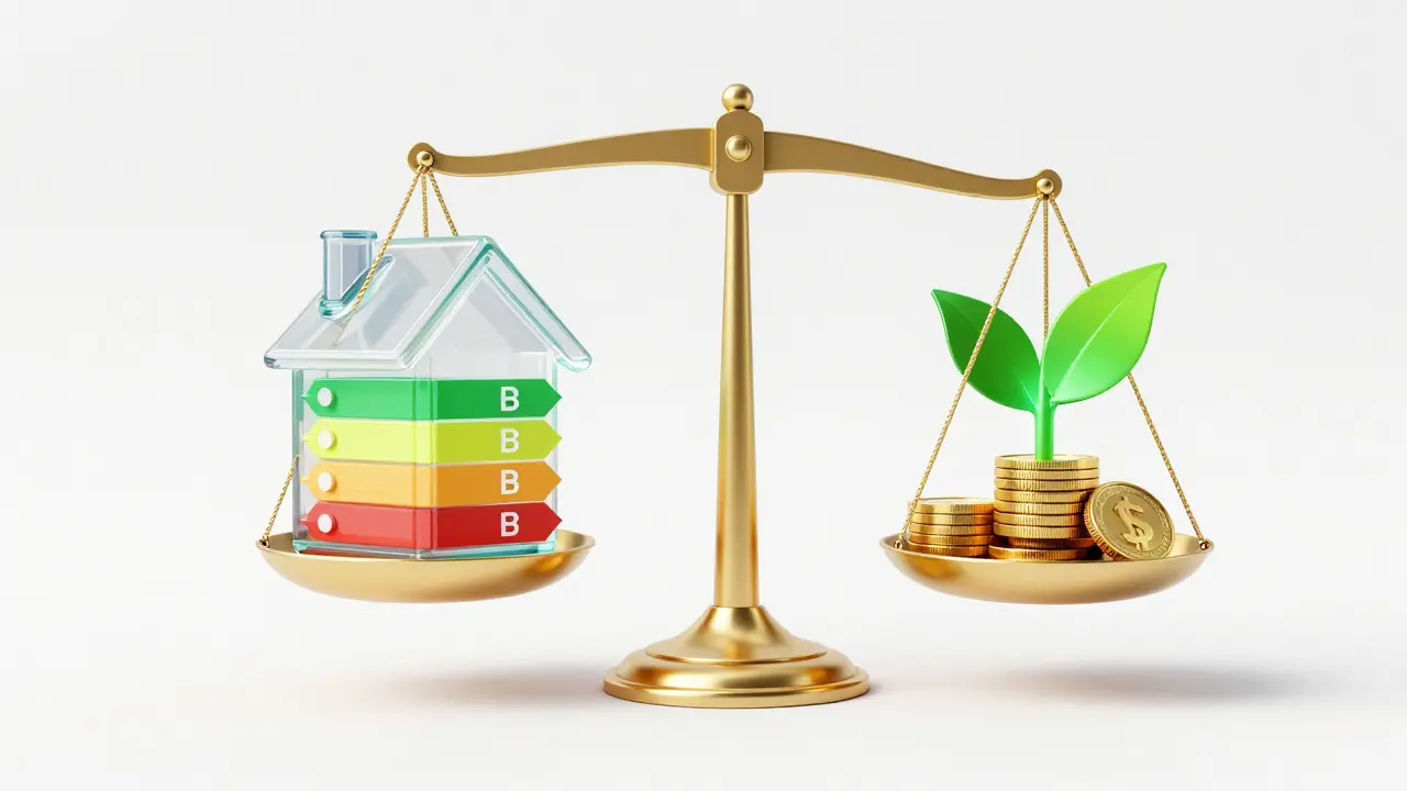 Symbolische Waage mit Haus und Münzen für Immobilienwert und Effizienz.